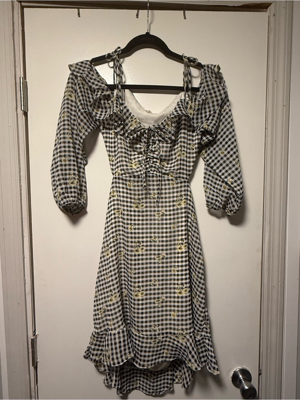 Rewind Black and White Gingham High-Low Dress with Yellow Floral Detail